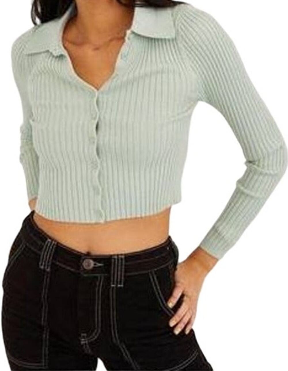 Urban Outfitters Skylar Ribbed Button-front Cropped Sweater Top Collar Green XS